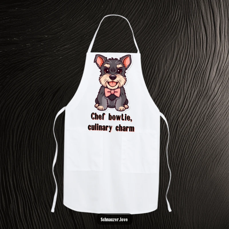 Funny Schnauzer Apron featuring a smiling dog in a tiny bowtie, ready to assist in the kitchen with humor.