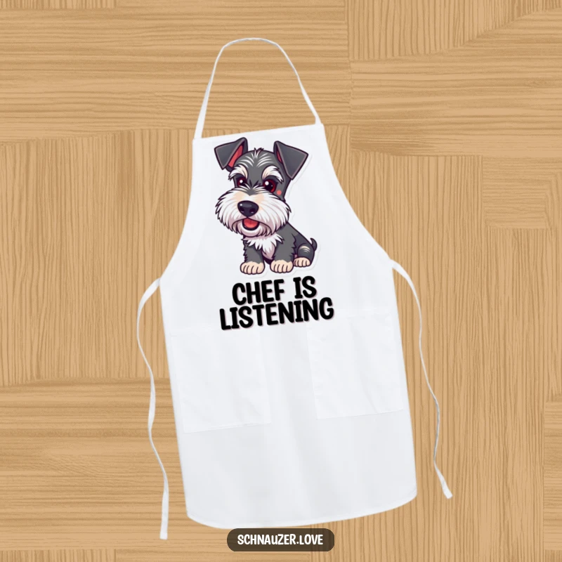 Funny Schnauzer Apron: A dog with ears perked listens intently, ready for kitchen adventures with playful focus.