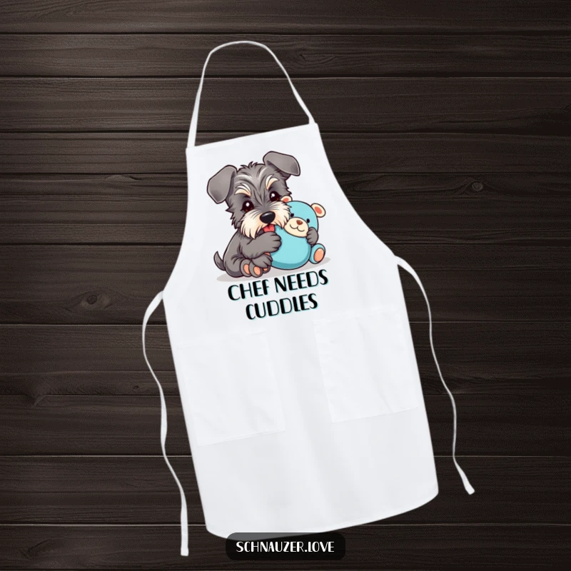 Funny Apron: A happy schnauzer with floppy ears cuddles a plush toy, designed for humorous and charming kitchen activities.