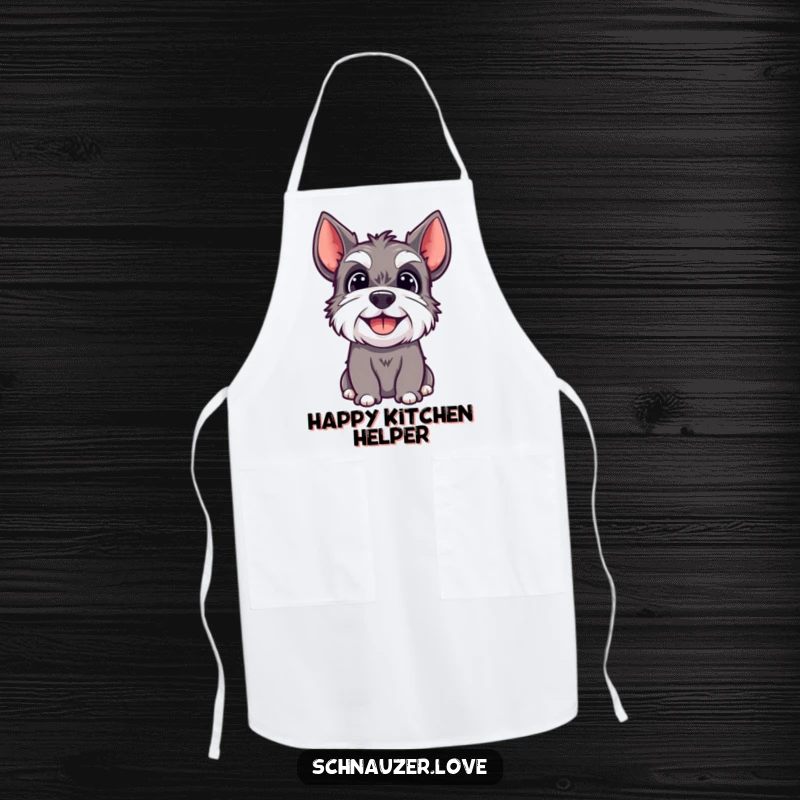 Funny apron showcasing a happy schnauzer dog looking upwards with a joyful expression.