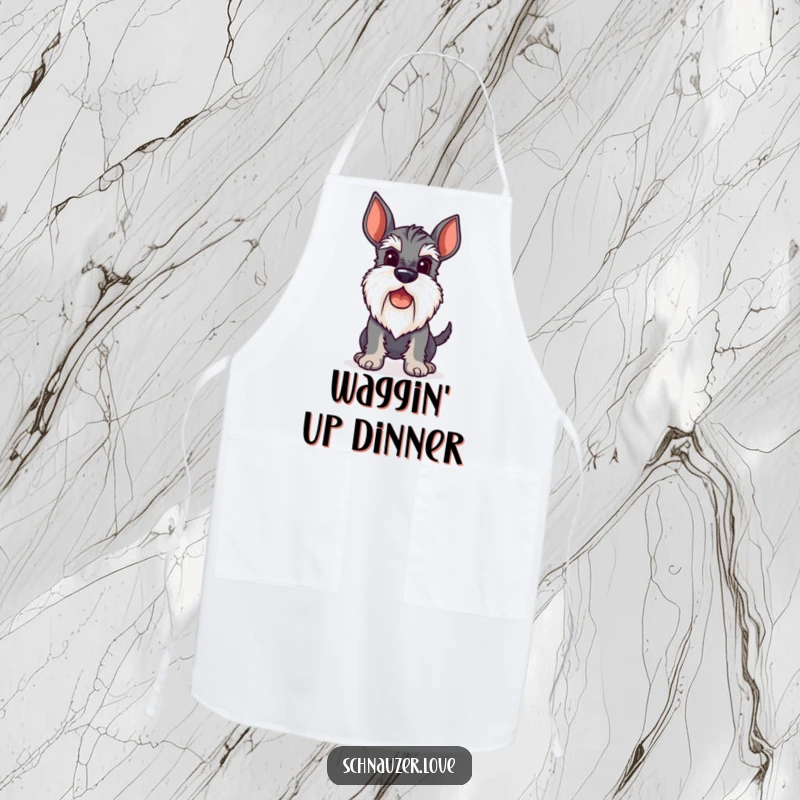 Funny Apron depicting a stylized schnauzer with a perky beard, its tail wagging with culinary enthusiasm.