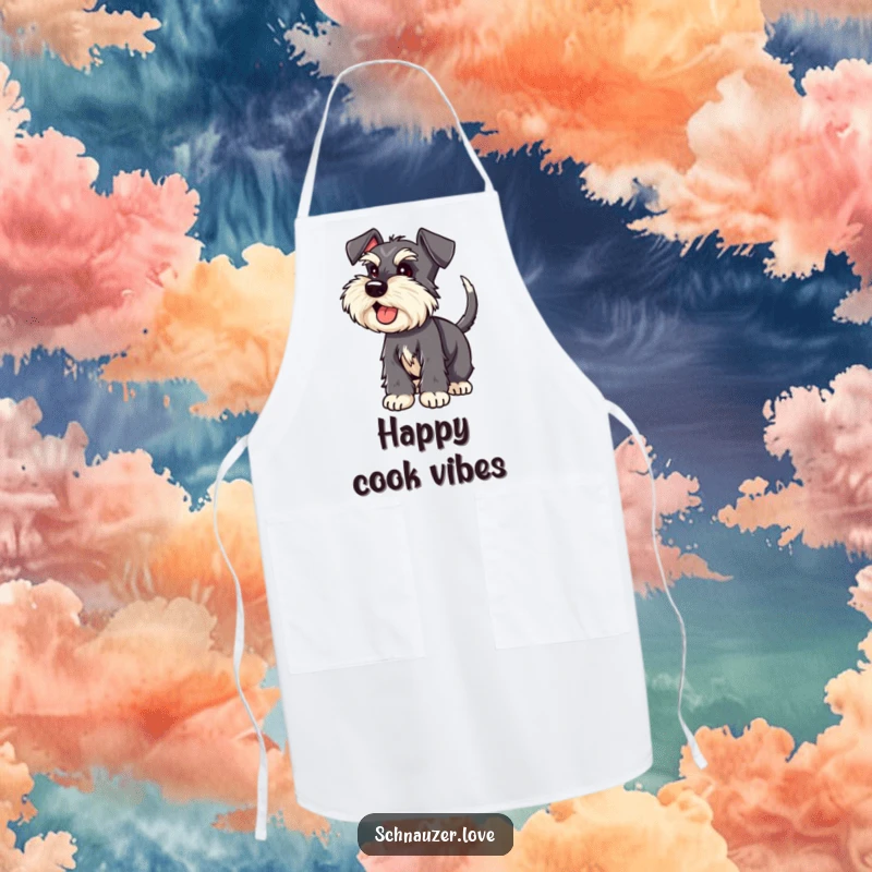 Funny Schnauzer apron showing an excited schnauzer with a wagging tail, ideal for kitchen fun.