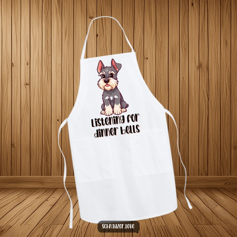 Funny Schnauzer Apron shows a dog with a perked ear, listening attentively, perfect for chefs who enjoy humor and canine companionship.