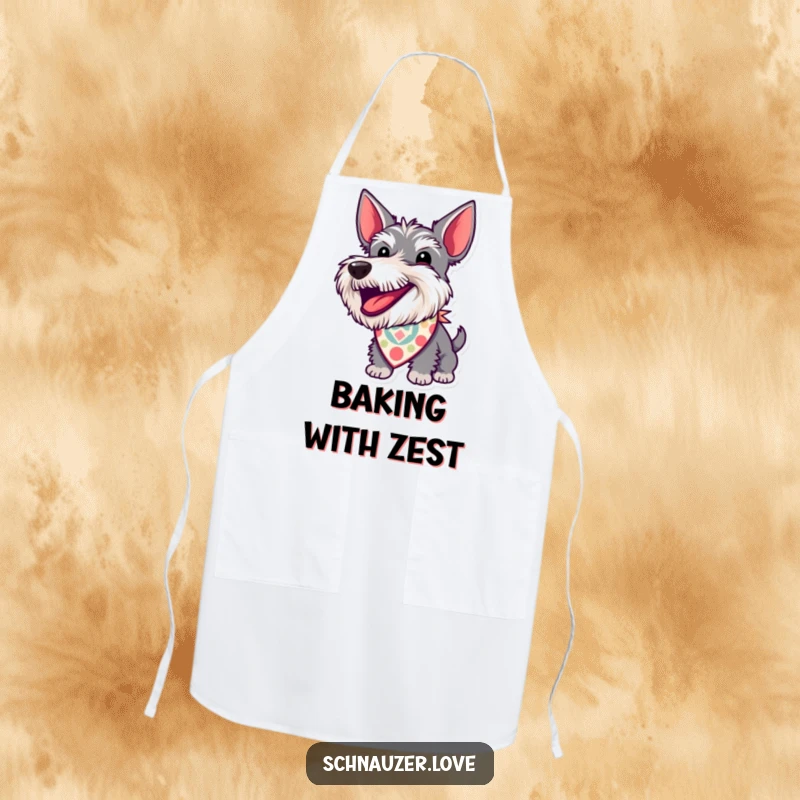 Funny Apron: A schnauzer wearing a patterned bandana barks with excitement, designed for humorous and spirited kitchen activities.
