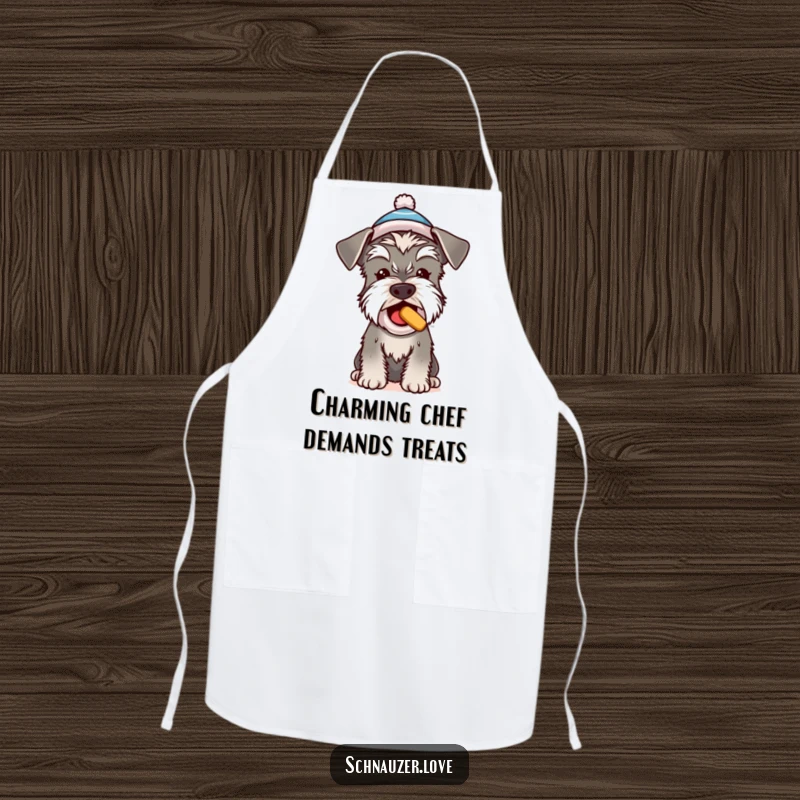 Funny Schnauzer apron, a cute dog in a tiny hat begging for a treat, humorous kitchen accessory.