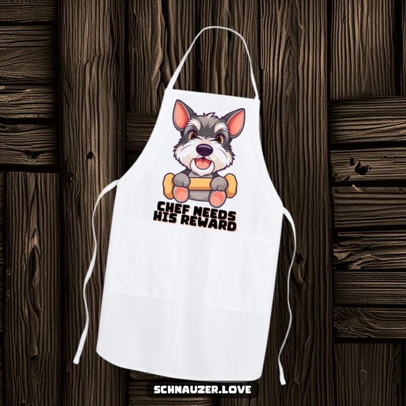 Funny Schnauzer apron featuring a happy dog holding a bone, looking up expectantly, designed for kitchen tasks with humorous pet adoration.