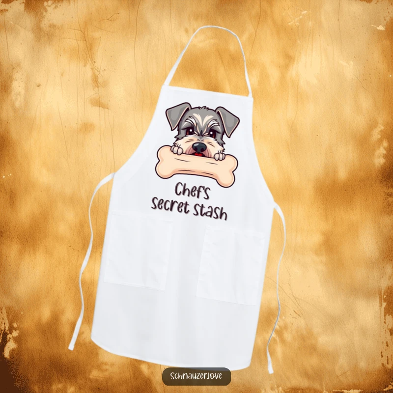 Funny Schnauzer apron showing a schnauzer peeking over a large bone, ready to guard its delicious prize.