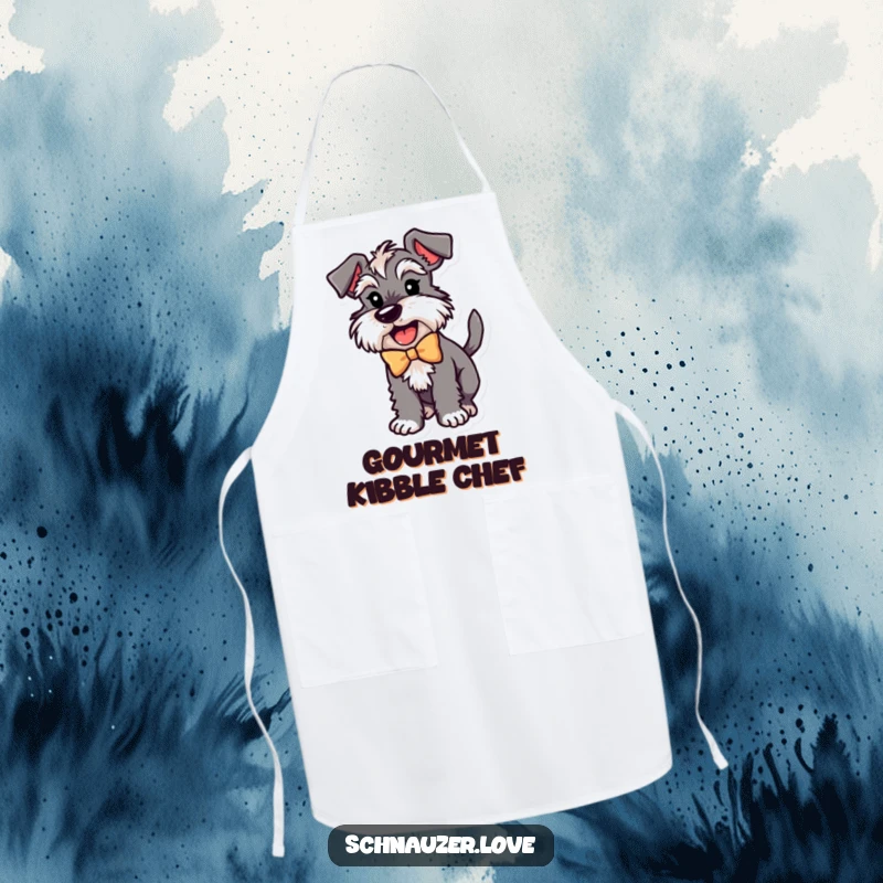 Funny Schnauzer Apron: A cheerful schnauzer wearing a bow, wagging its tail, ready for kitchen fun, a humorous cooking accessory.