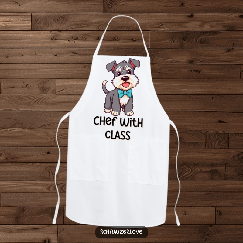 Funny Schnauzer apron featuring a dog in a bow tie with a wagging tail, perfect for stylish cooking.