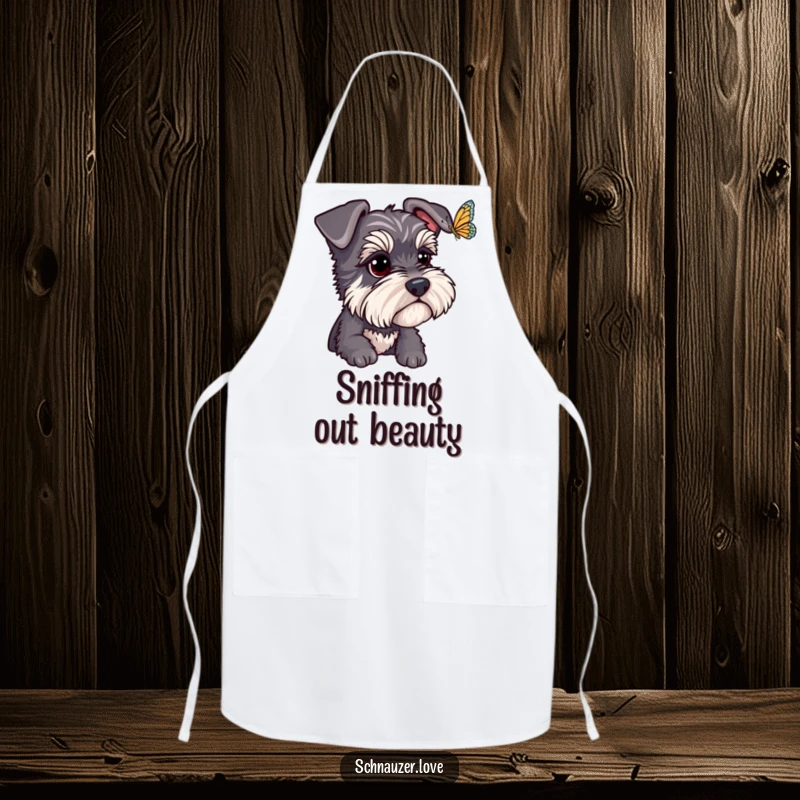 Funny Schnauzer Apron: A schnauzer intently watches a butterfly, capturing a humorous moment of nature's beauty for your kitchen wear. Perfect funny gift.