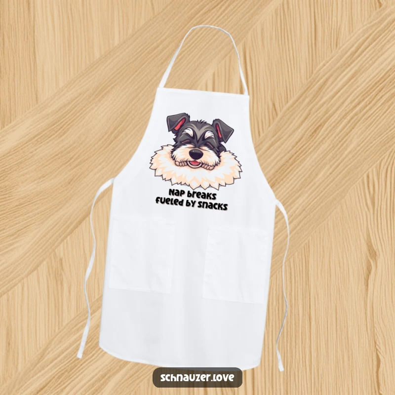 Funny Schnauzer Apron: A happy schnauzer dog sleeps soundly on a rug, making this kitchen accessory a humorous delight.