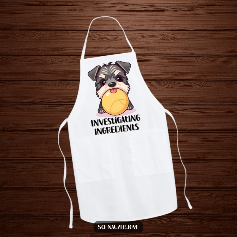 Funny Schnauzer apron featuring a dog peeking over a ball with tongue out, perfect for kitchen fun.
