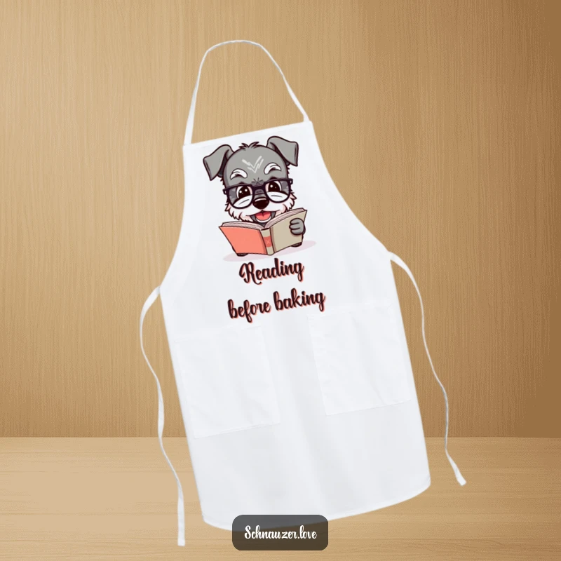 Funny Schnauzer apron featuring a dog in glasses reading a book, perfect for kitchen tasks with a humorous, literary-themed flair.