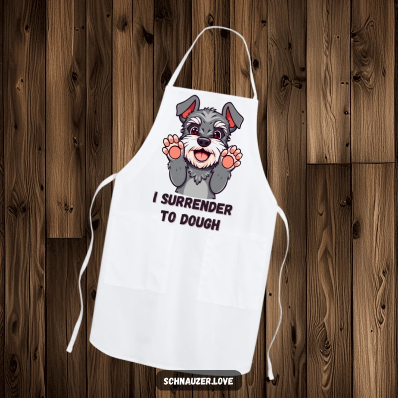 Funny schnauzer apron with paws up in playful surrender, a happy dog hilariously giving up, great for cooking.