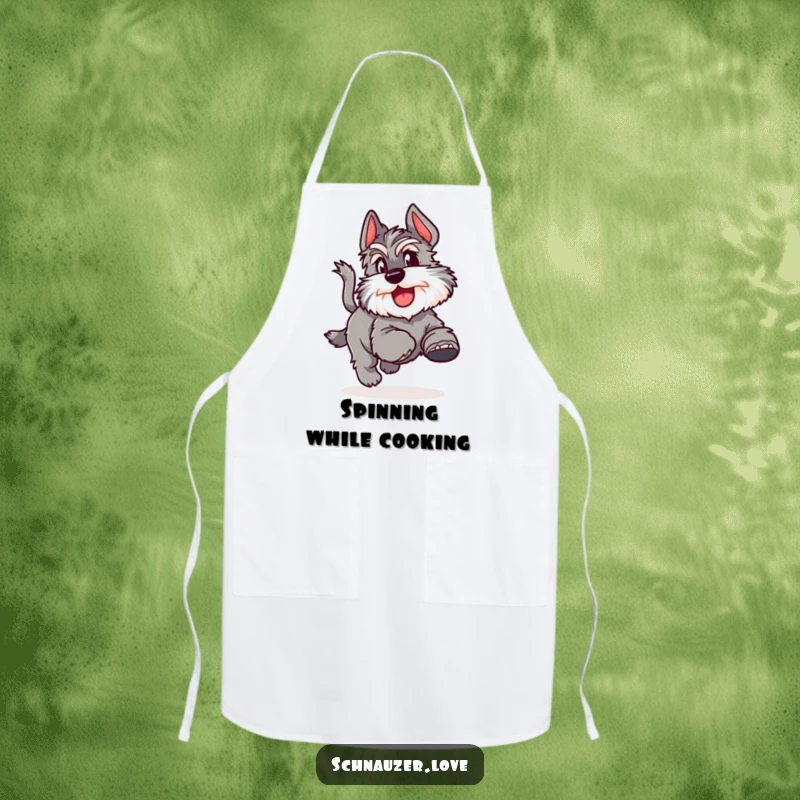 Funny Apron showcasing a fluffy schnauzer joyfully chasing its tail, ideal for a fun, dog-themed kitchen.