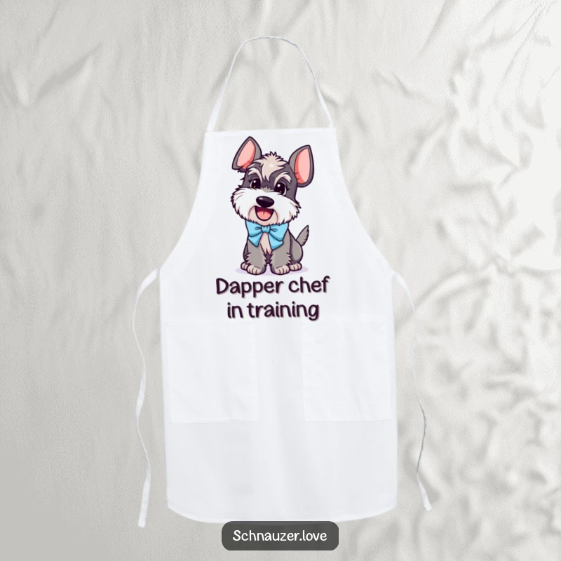 Funny Schnauzer Apron: A schnauzer character adorned with a bow, tail wagging, ready for kitchen adventures, a humorous cooking gift.