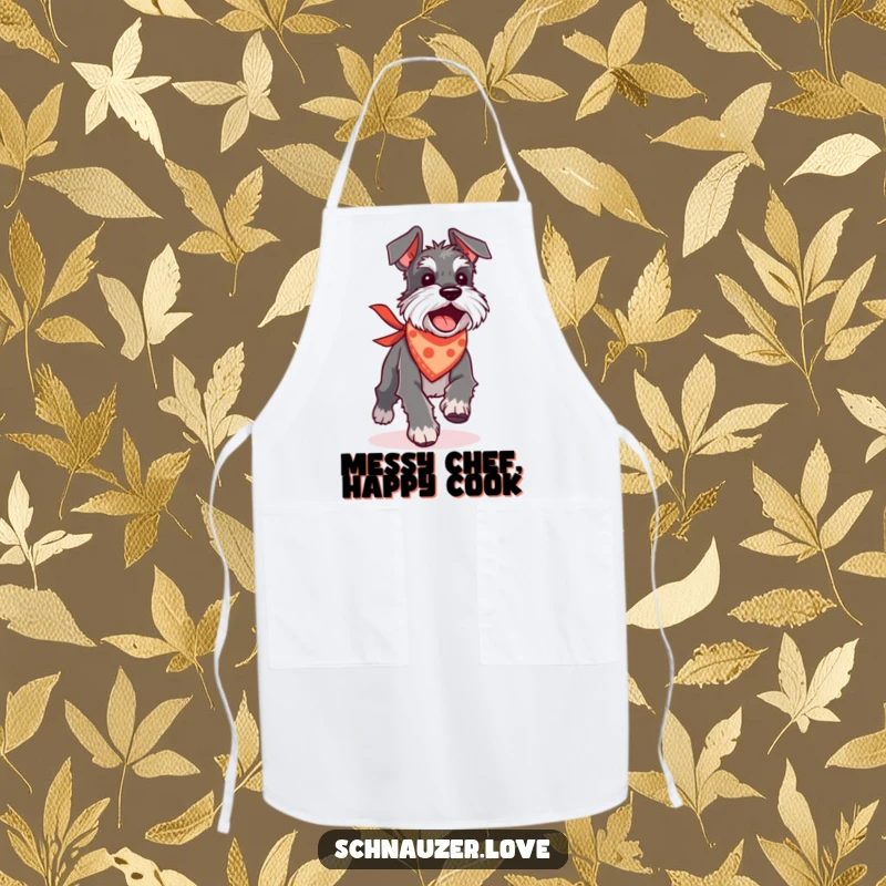 Funny Schnauzer apron featuring a silly dog in a bandana chasing its tail, perfect for kitchen fun.