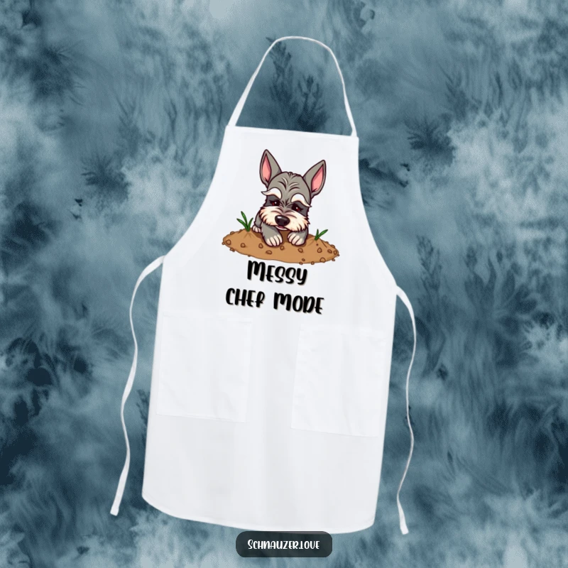 Funny Schnauzer Apron: Schnauzer with funny eyebrows digging dirt, a humorous and practical kitchen accessory.