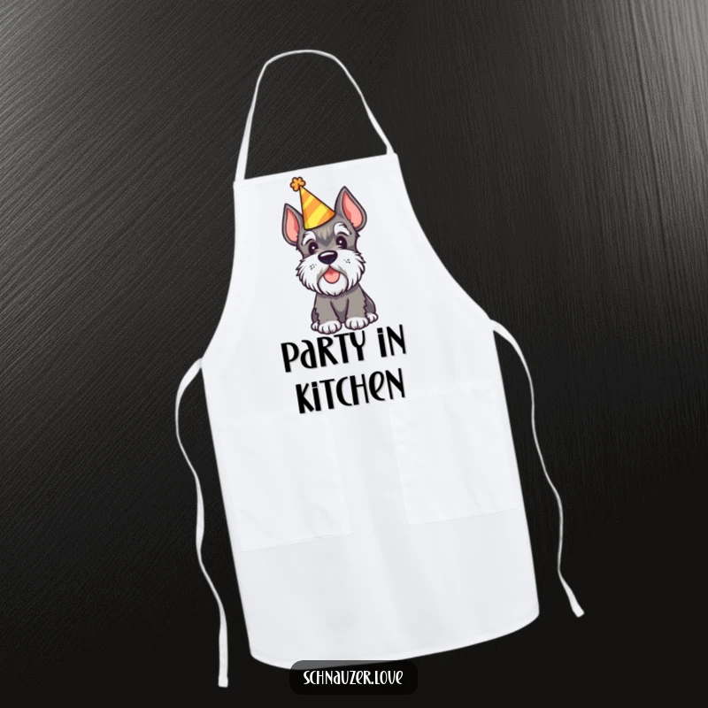 Funny Schnauzer Apron showing a schnauzer in a party hat tilting its head, adding festive humor to cooking.