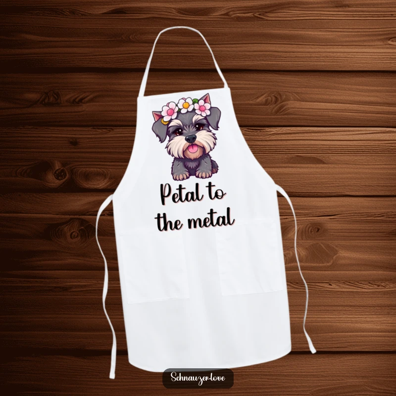 Funny Schnauzer Apron: Adorable dog wearing a flower crown, shaking its head. A stylish and humorous kitchen accessory, perfect funny gift.