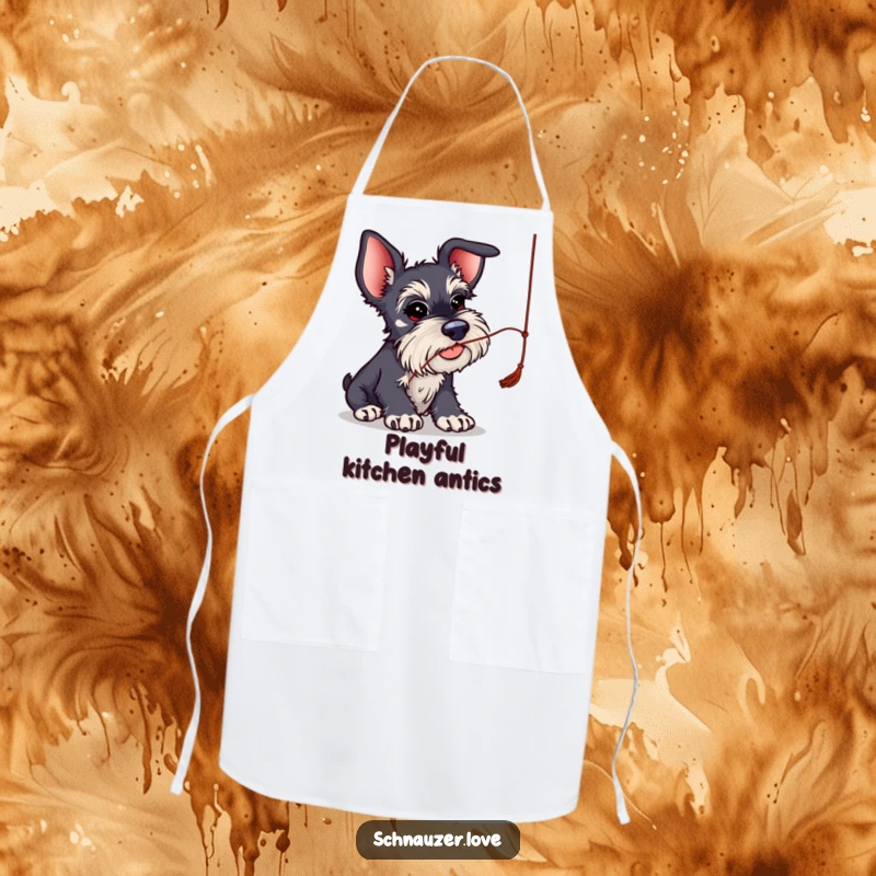 Funny Schnauzer Apron: Schnauzer with big ears batting at a string, a humorous and practical kitchen accessory.