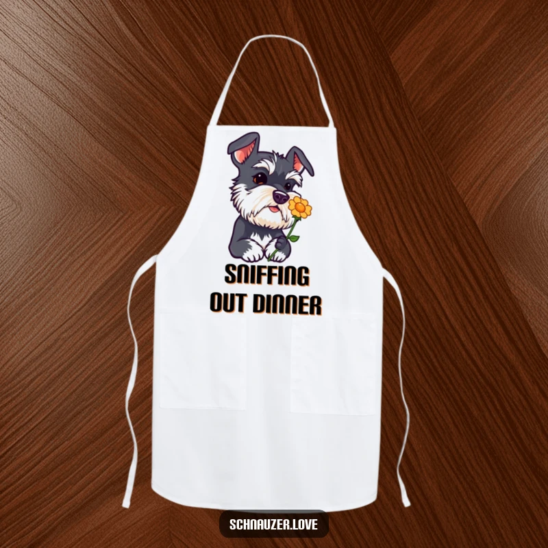 Funny schnauzer apron with head tilted curiously sniffing a flower icon, an adorable and inquisitive dog, kitchen accessory.
