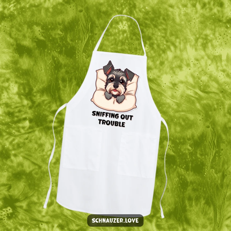 Funny Schnauzer Apron: A charming schnauzer peeks from behind a cushion, adding a humorous touch to this practical kitchen accessory. Perfect funny gift.