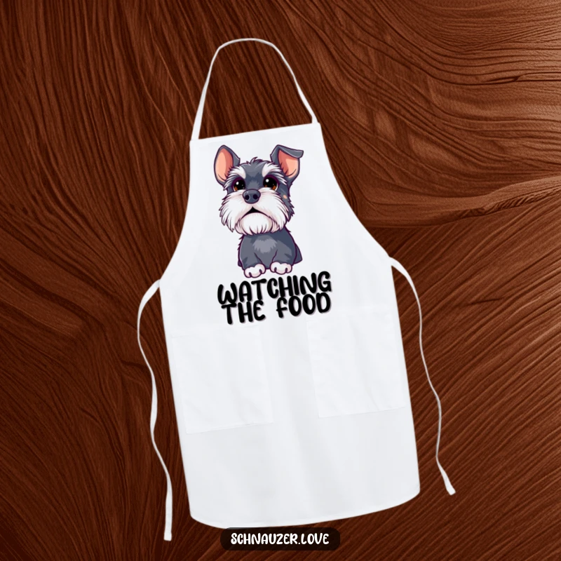 Funny schnauzer apron, a dog with big, curious eyes looking upwards, ready to prepare a meal with wonder.