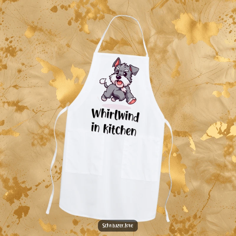 Funny Schnauzer apron featuring a playful dog chasing its tail, designed for kitchen tasks with humorous pet adoration and energetic flair.