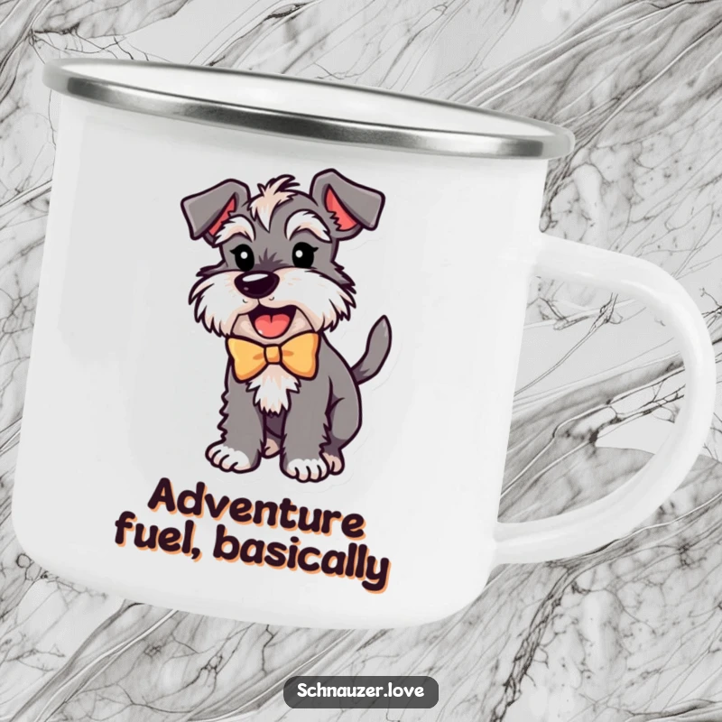 Funny Schnauzer Camping Mug: An excited schnauzer wearing a bow, wagging its tail, ready for outdoor escapades, durable and fun.