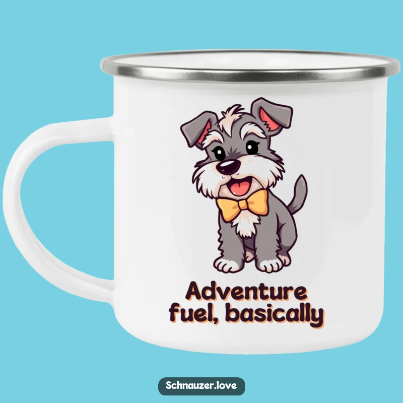 Funny Schnauzer Bow Camping Mug: Excited Dog Wagging Tail, Outdoor Adventure Gift