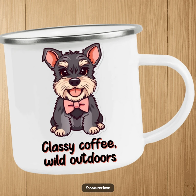 Funny Schnauzer Camping Mug showcasing a smiling dog with a tiny bowtie, ready for outdoor adventures with personality.
