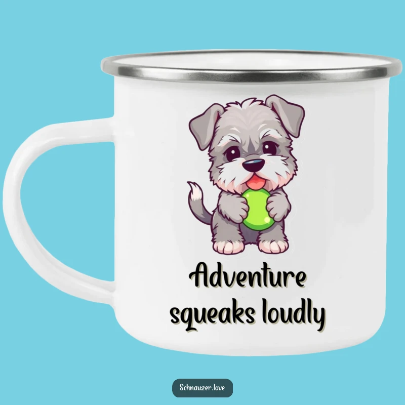 Funny Schnauzer Camping Mug: Rugged Fluffy Dog with Squeaky Toy, Durable Humorous Pet Gift