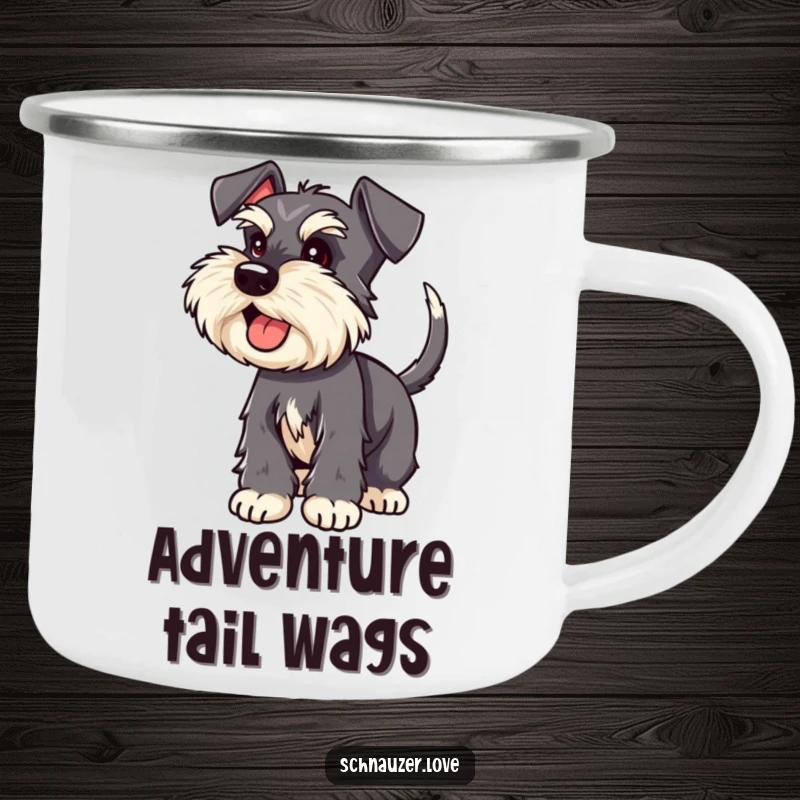 Funny Schnauzer camping mug showing an excited schnauzer with a wagging tail, durable and humorous.