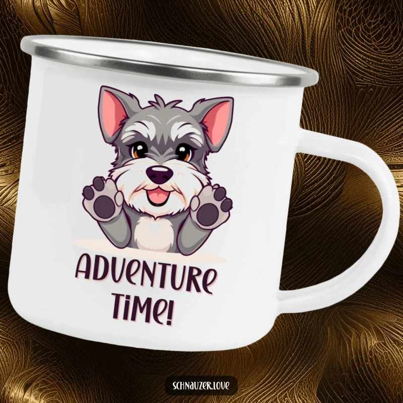 Funny Schnauzer camping mug showing a happy schnauzer with paws out, ready for outdoor fun and adventures.