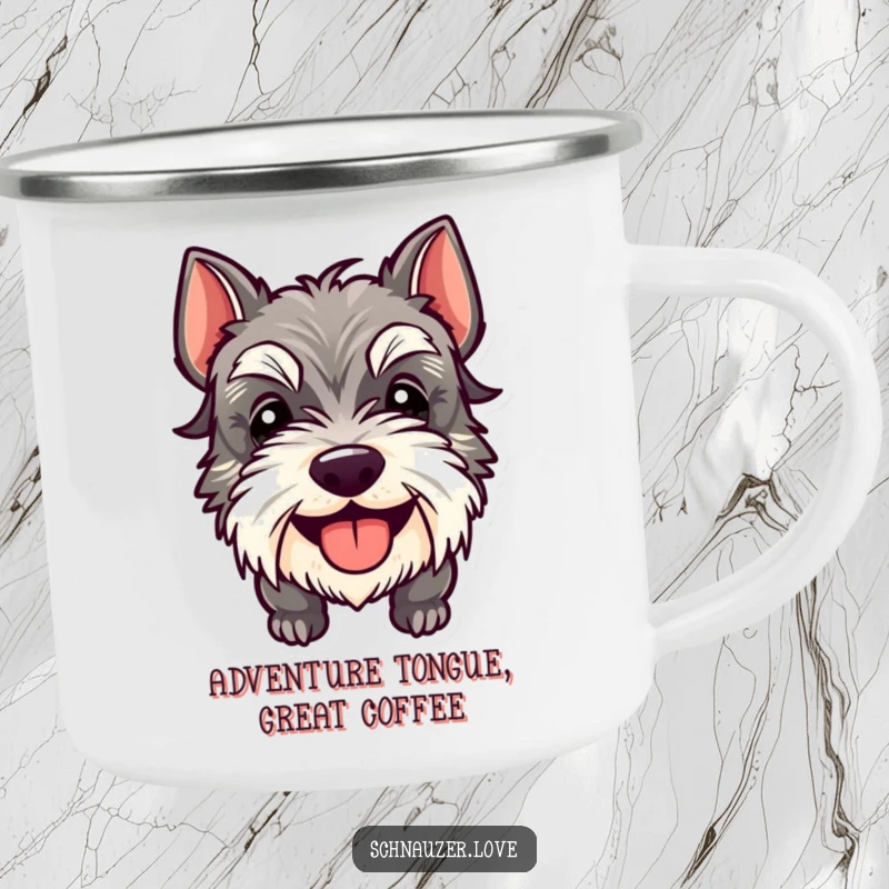 Funny Schnauzer Camping Mug showcasing a happy dog with its tongue sticking out, perfect for enjoying drinks outdoors with joy.
