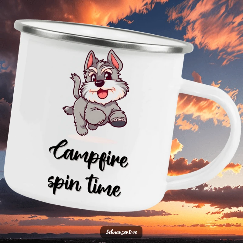 Funny Camping Mug showing a fluffy schnauzer joyfully chasing its tail, great for outdoor enjoyment.