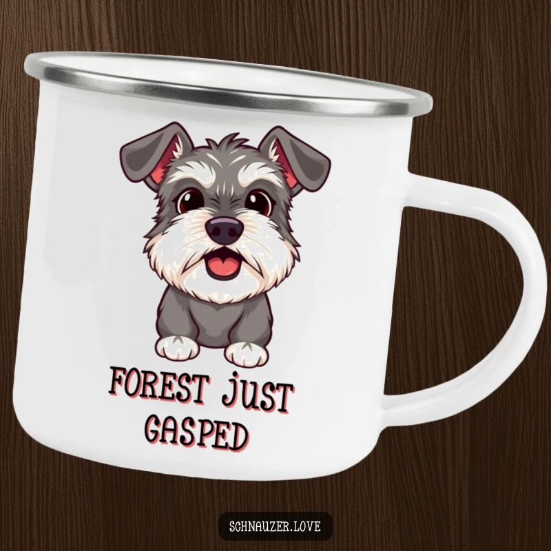 Funny Schnauzer Camping Mug of a surprised dog with its mouth slightly open, eyes wide, ready for campfire tales.