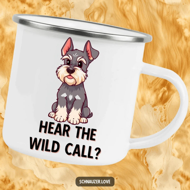 Funny Schnauzer Camping Mug shows a dog with one ear up, listening intently, perfect for coffee or tea during outdoor adventures, adding humor.