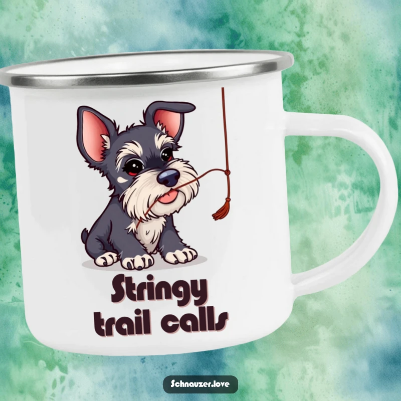 Funny Schnauzer Camping Mug: Schnauzer with big ears batting at a string, designed for playful and humorous outdoor moments.