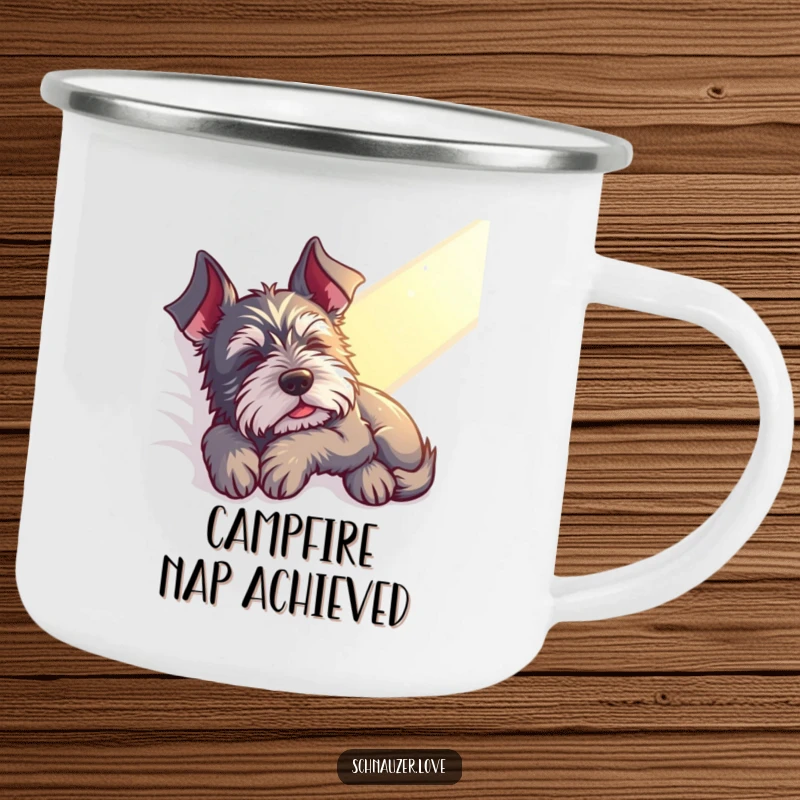 Funny Schnauzer Camping Mug: A contented schnauzer naps in a sunbeam, perfect for enjoying drinks outdoors with hilarious peace.