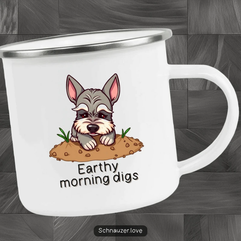 Funny Schnauzer Camping Mug: Schnauzer with funny eyebrows digging in dirt, ideal for humorous outdoor excursions.