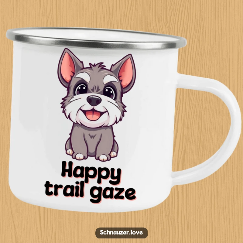 Funny camping mug showing a happy schnauzer dog looking upwards with a joyful expression.