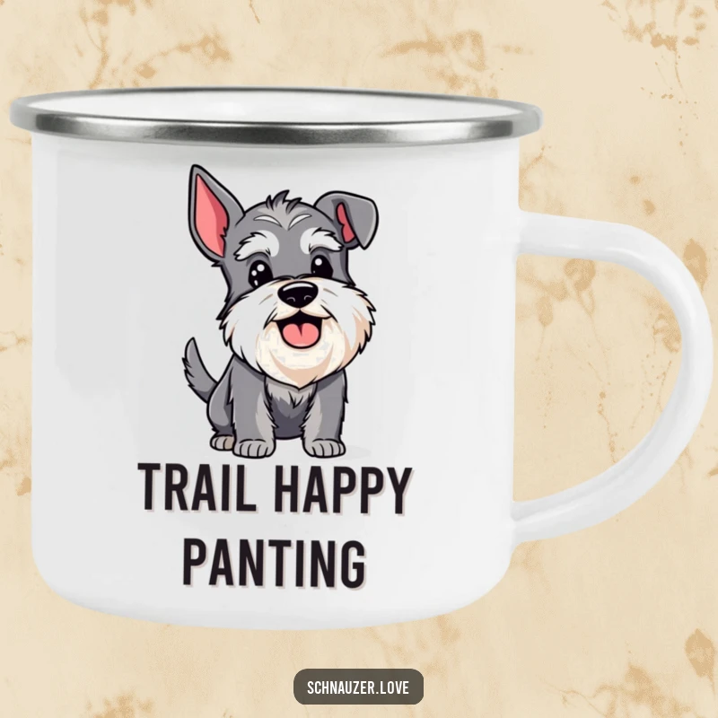 Funny Schnauzer Camping Mug: Bearded schnauzer panting happily with a wagging tail, designed for joyful outdoor moments.