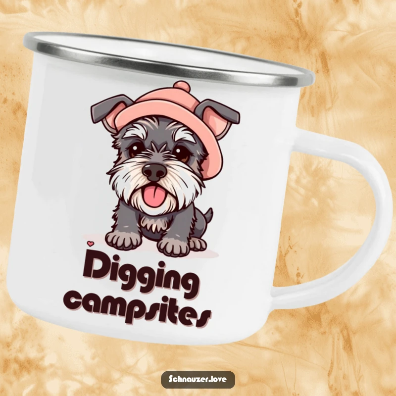 Funny camping mug showing a schnauzer wearing a tiny hat, digging enthusiastically, ideal for outdoor enthusiasts who love dogs.