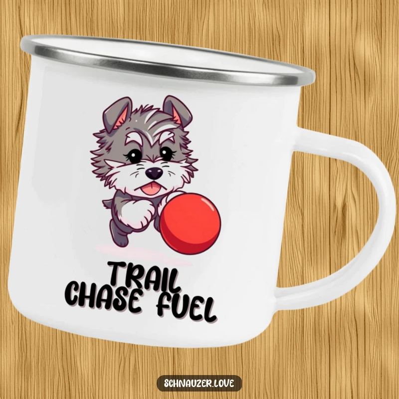 Funny camping mug depicting a fluffy schnauzer character joyfully chasing a bouncing red ball, bringing playful energy to your travels.