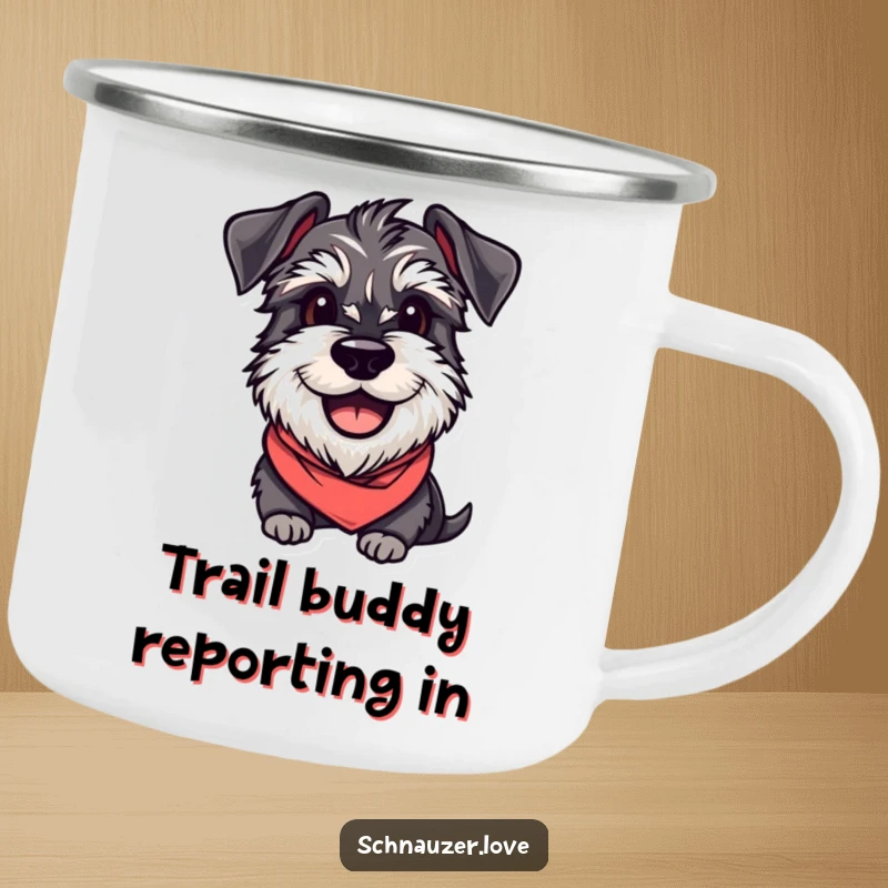 Funny Schnauzer Camping Mug: A smiling, bandana-wearing schnauzer, ready for adventure, great for outdoor enthusiasts.