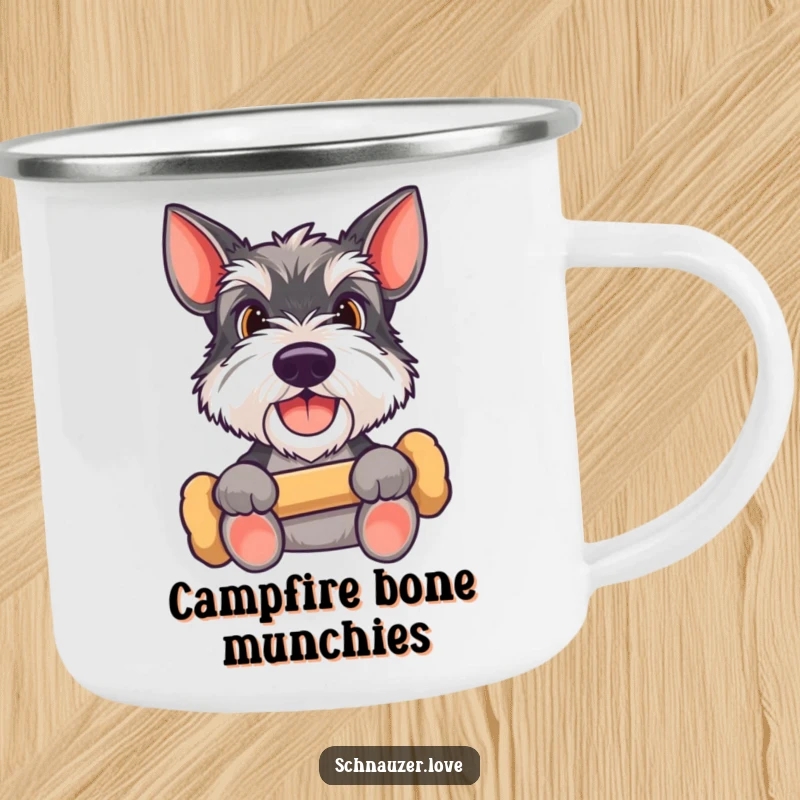 Funny Schnauzer camping mug featuring a happy dog holding a bone, looking up expectantly, perfect for outdoor drinks with canine hope and humor.