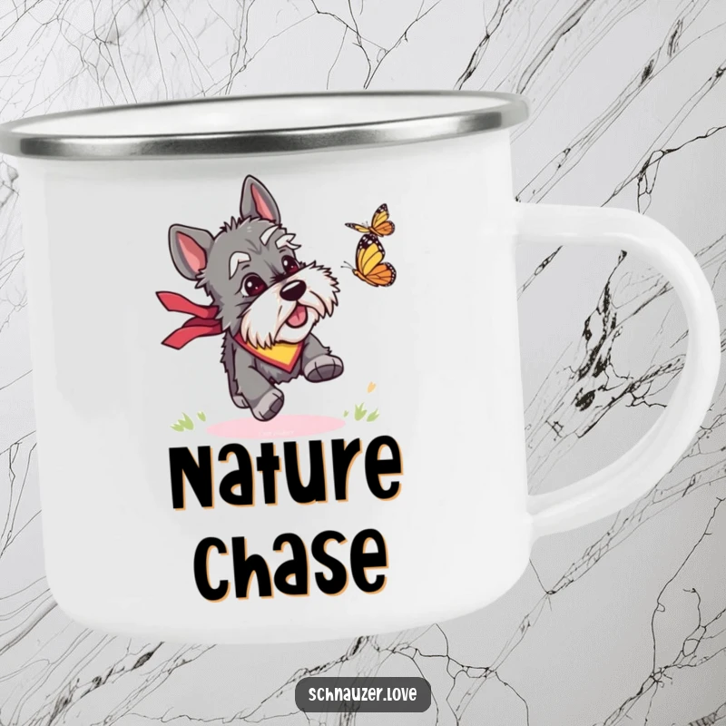 Funny camping mug showing a bandana-wearing schnauzer enthusiastically chasing a butterfly, ideal for outdoor enthusiasts who love dogs.