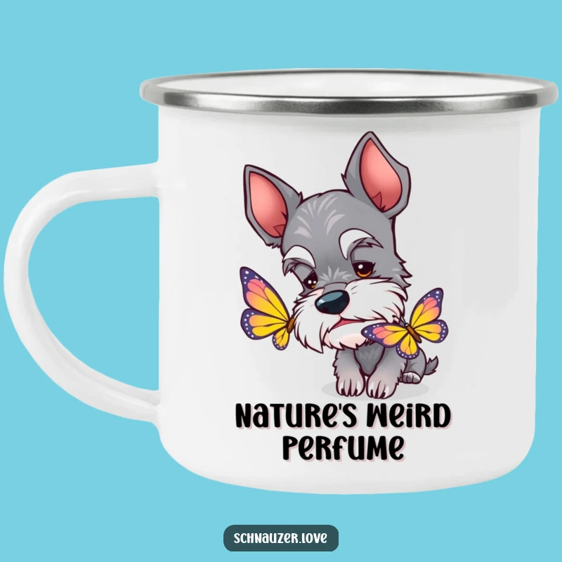 Funny Schnauzer Butterfly Camping Mug: Adventure-Ready Curious Dog Cup, Great Funny Gift